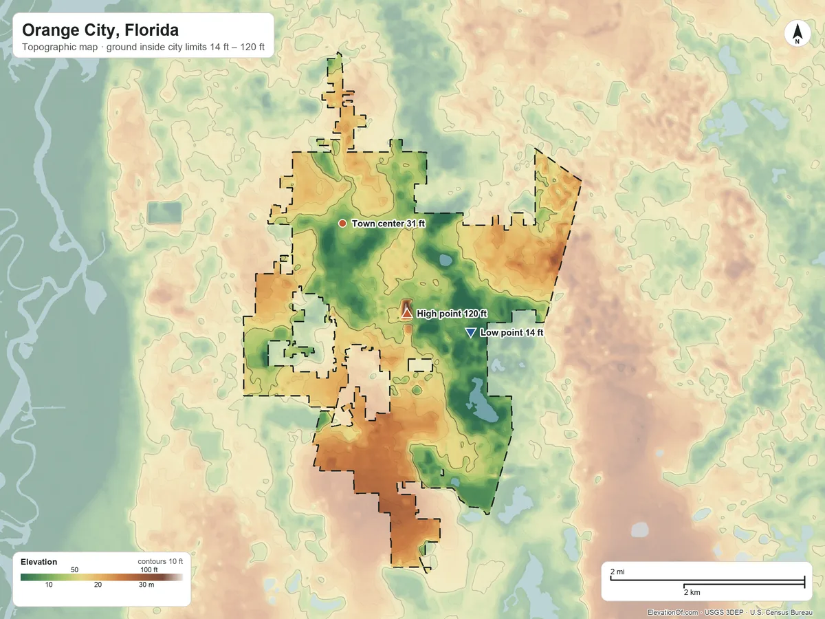 Topographic elevation map of Orange City, Florida, shaded from 14 ft on the southeast side to 120 ft on the southeast side
