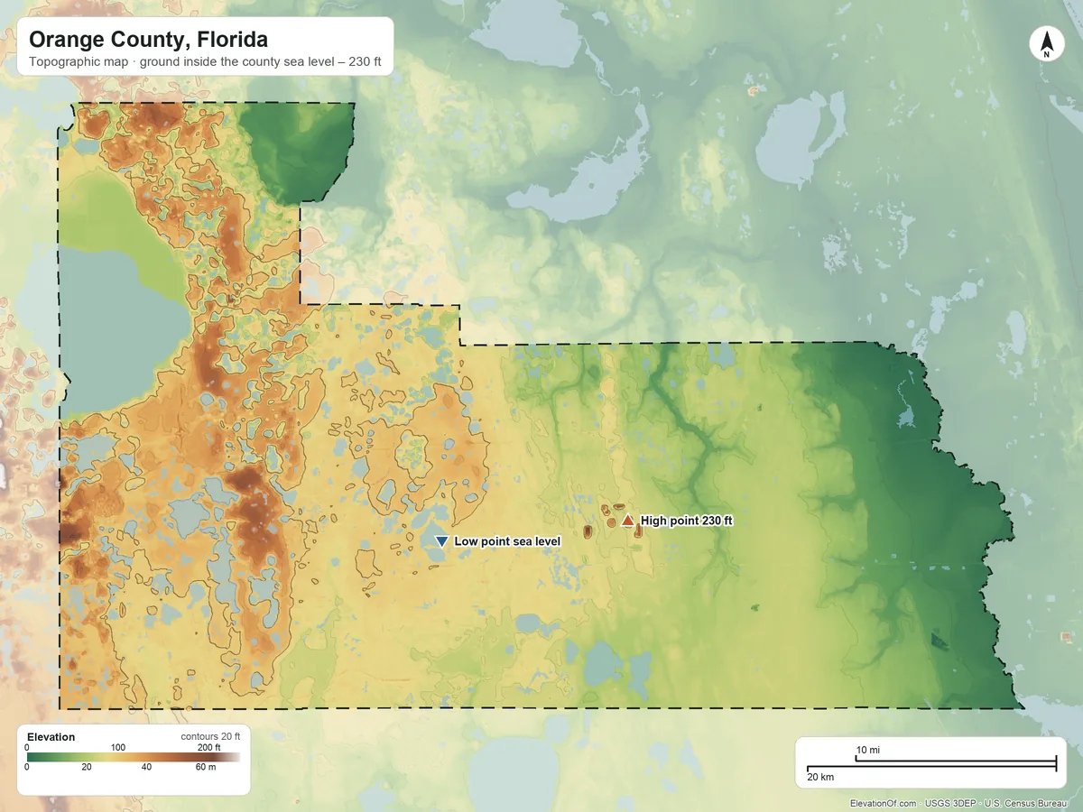 Topographic elevation map of Orange County, Florida, shaded from sea level on Brigantine Bay to 230 ft on the southeast side