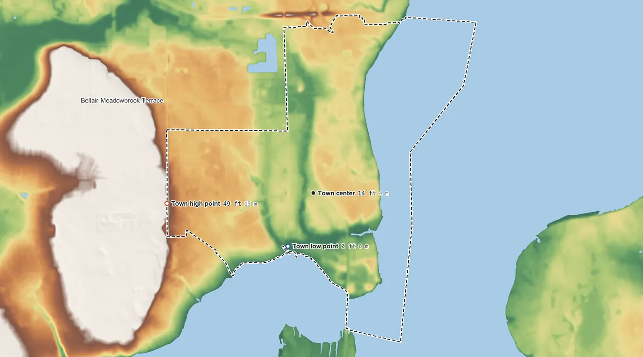 Topographic elevation map of Orange Park, Florida, shaded from 0 ft on the southwest side to 49 ft on the west side