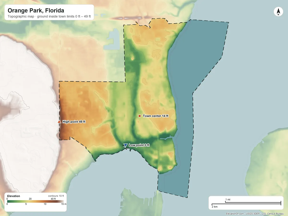 Topographic elevation map of Orange Park, Florida, shaded from 0 ft on the southwest side to 49 ft on the west side