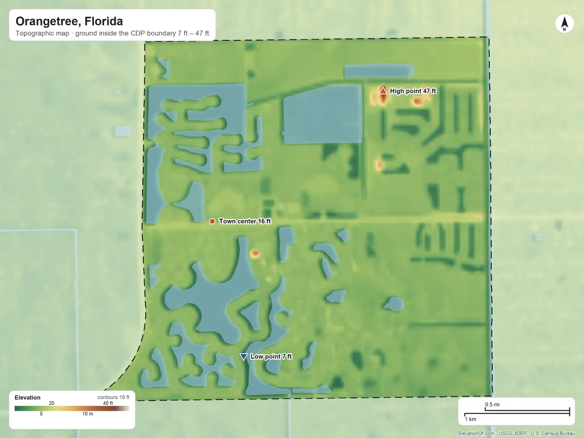 Topographic elevation map of Orangetree, Florida, shaded from 7 ft on the south side to 47 ft on the northeast side