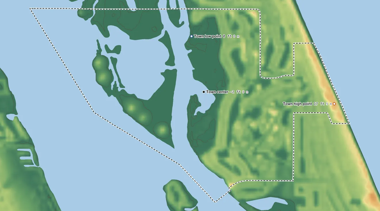Topographic elevation map of Orchid, Florida, shaded from sea level level on the Atlantic Ocean to 17 ft on the east side
