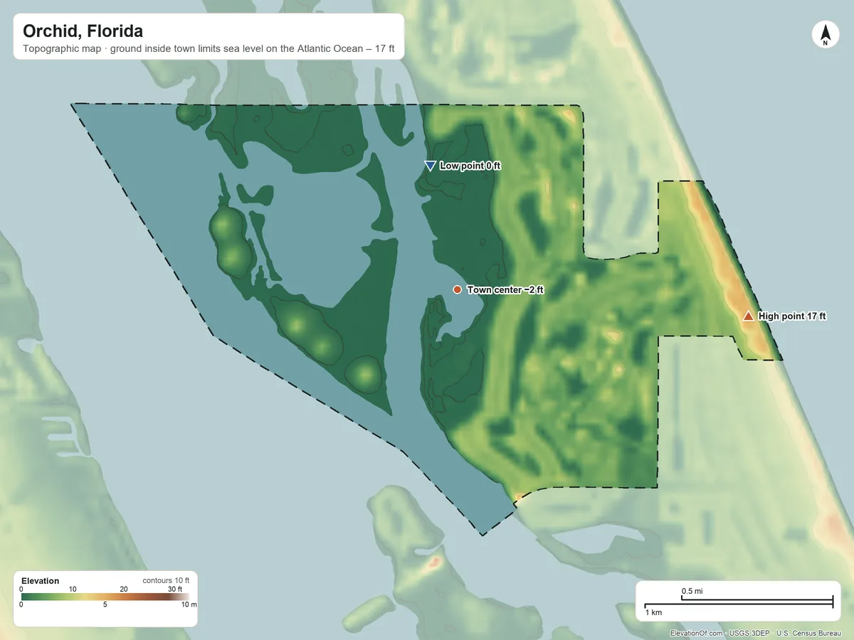 Topographic elevation map of Orchid, Florida, shaded from sea level level on the Atlantic Ocean to 17 ft on the east side