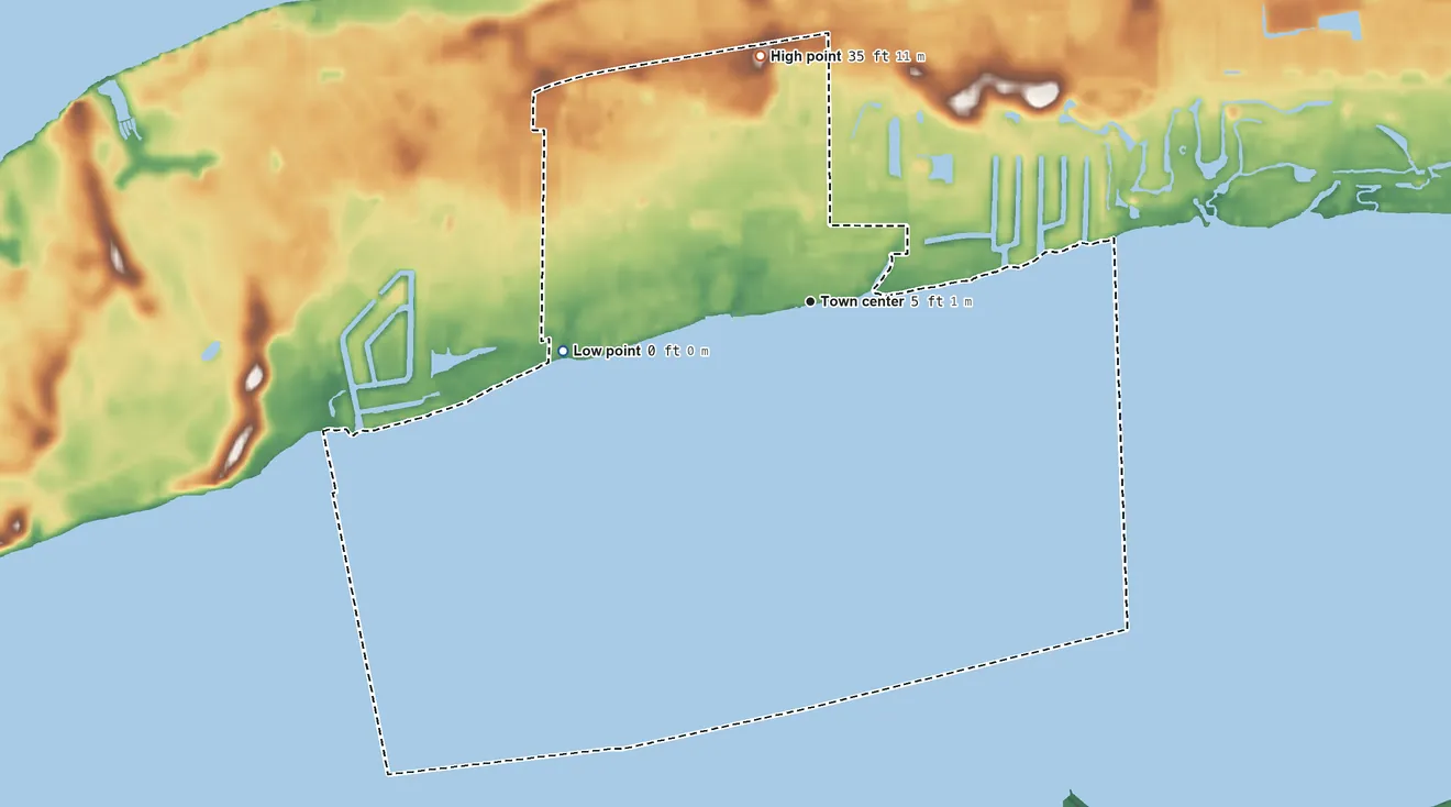Topographic elevation map of Oriole Beach, Florida, shaded from sea level level on Santa Rosa Sound to 35 ft on the north side