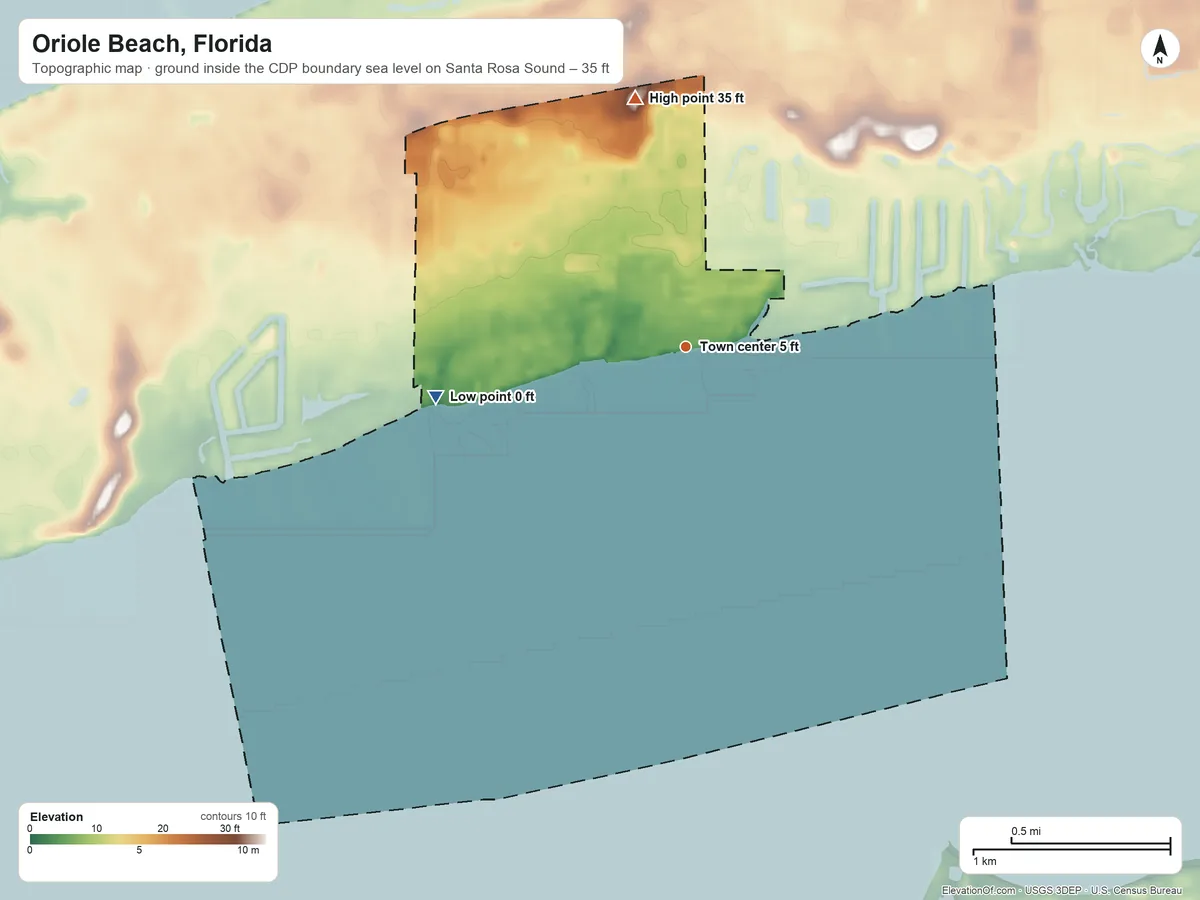 Topographic elevation map of Oriole Beach, Florida, shaded from sea level level on Santa Rosa Sound to 35 ft on the north side