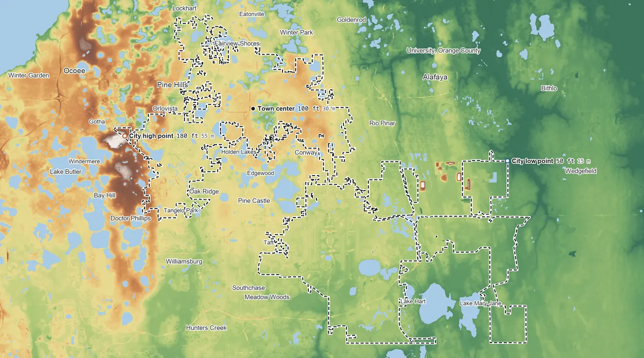 Topographic elevation map of Orlando, Florida, shaded from 50 ft on the east side to 180 ft on the west side