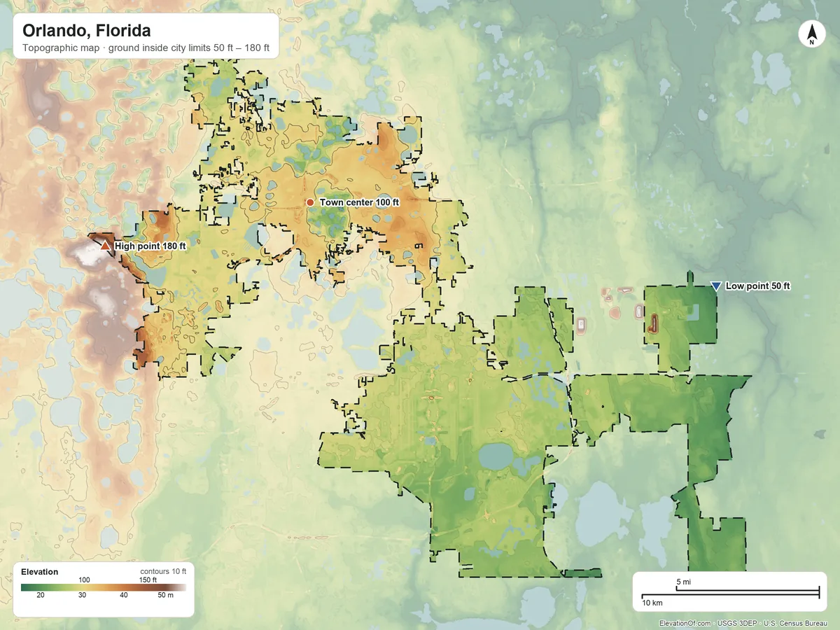 Topographic elevation map of Orlando, Florida, shaded from 50 ft on the east side to 180 ft on the west side
