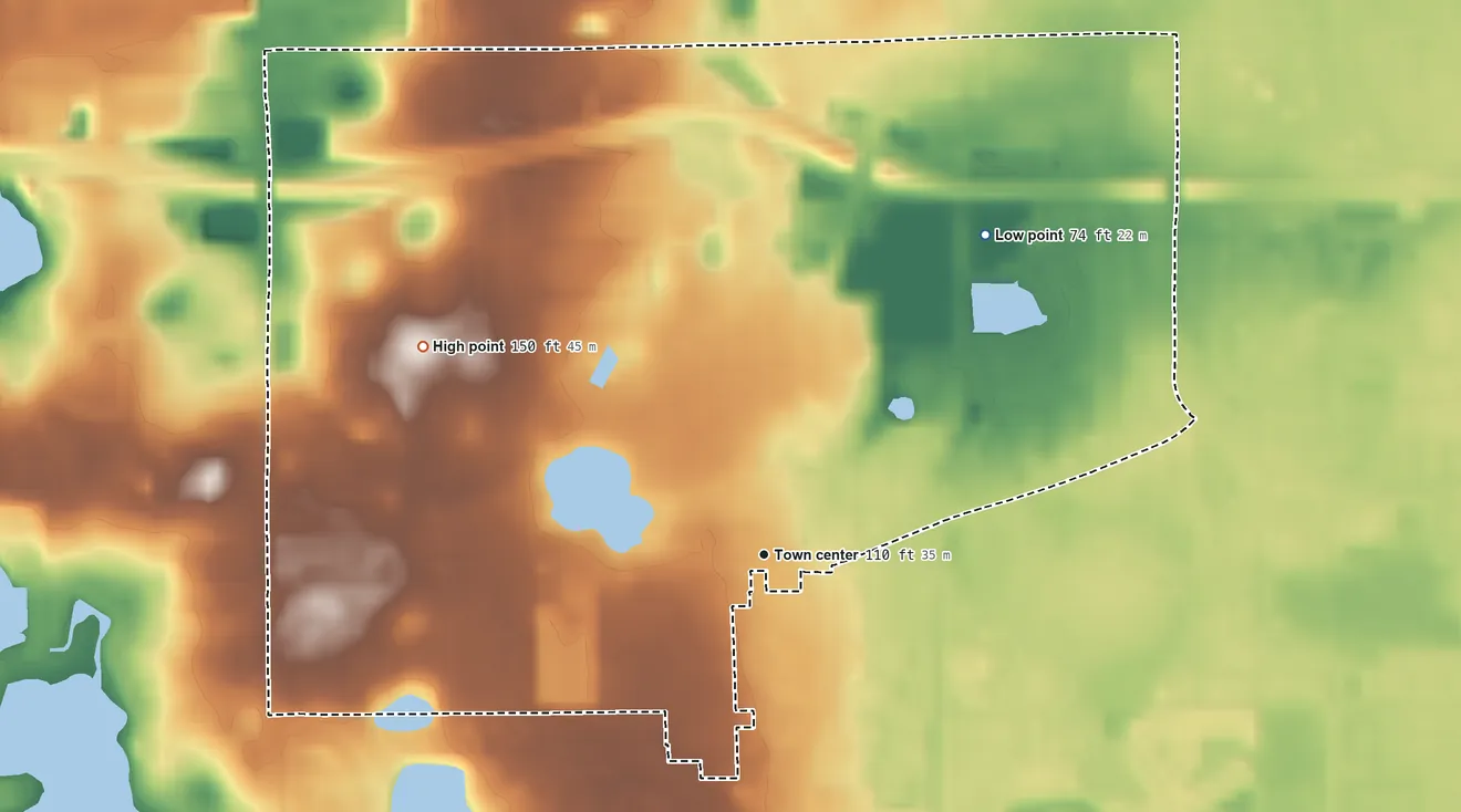 Topographic elevation map of Orlovista, Florida, shaded from 74 ft on the northeast side to 150 ft on the northwest side