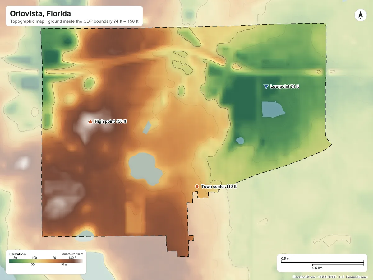 Topographic elevation map of Orlovista, Florida, shaded from 74 ft on the northeast side to 150 ft on the northwest side