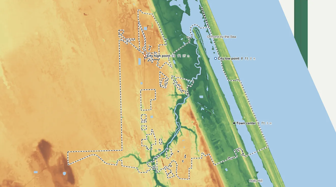 Topographic elevation map of Ormond Beach, Florida, shaded from sea level level on the Atlantic Ocean to 55 ft on the northwest side