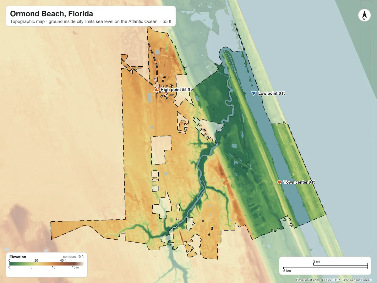 Topographic elevation map of Ormond Beach, Florida, shaded from sea level level on the Atlantic Ocean to 55 ft on the northwest side