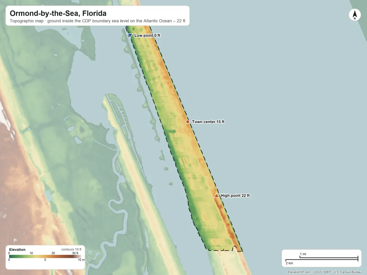 Topographic elevation map of Ormond-by-the-Sea, Florida, shaded from sea level level on the Atlantic Ocean to 22 ft on the south side