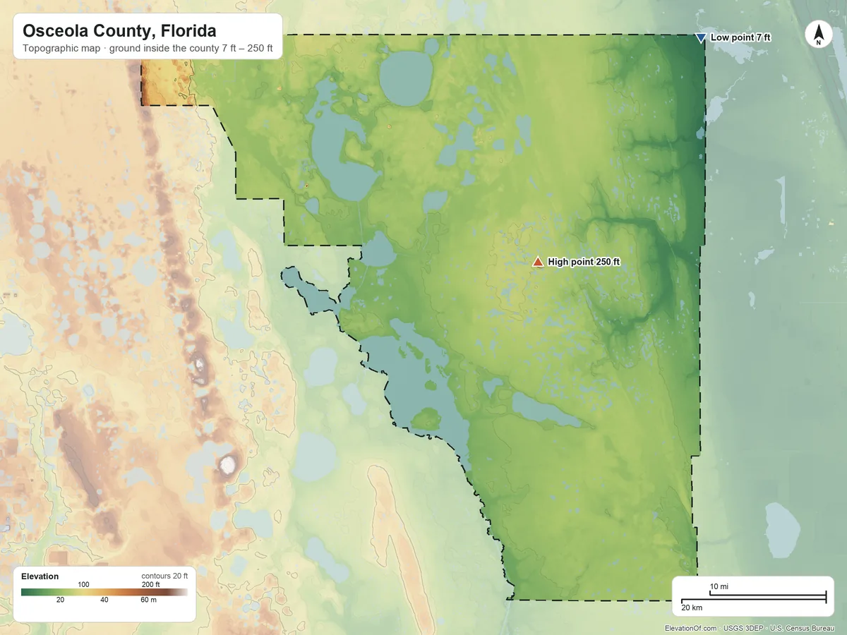 Topographic elevation map of Osceola County, Florida, shaded from 7 ft on the northeast side to 250 ft on the northeast side