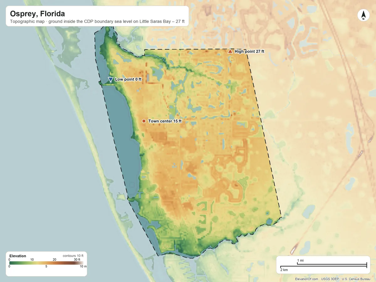 Topographic elevation map of Osprey, Florida, shaded from sea level level on Little Saras Bay to 27 ft on the northeast side