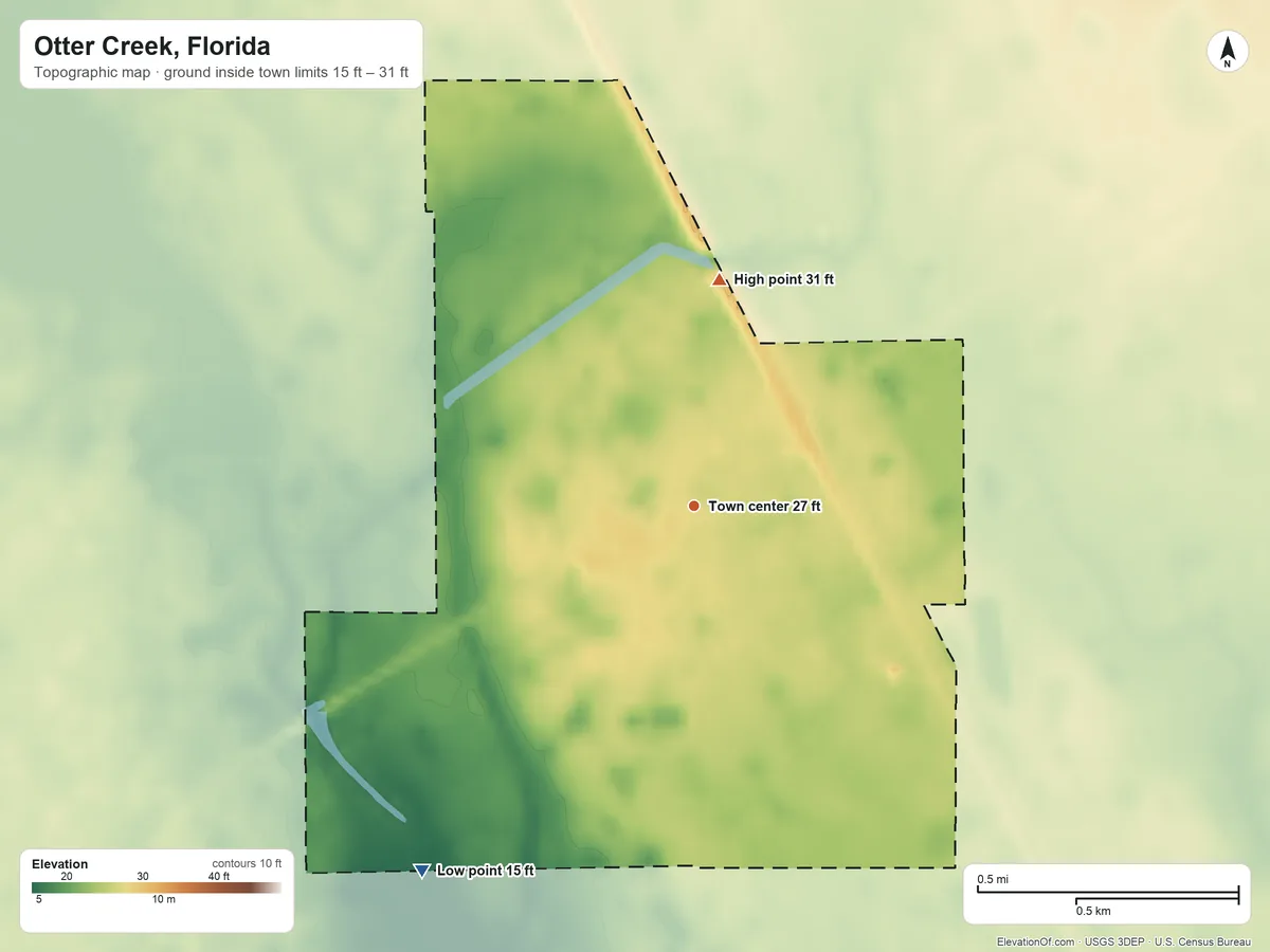 Topographic elevation map of Otter Creek, Florida, shaded from 15 ft on the southwest side to 31 ft on the north side