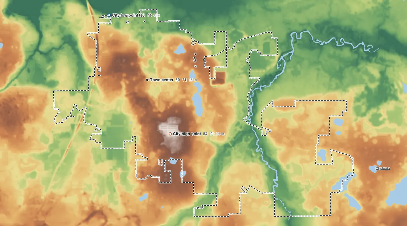 Topographic elevation map of Oviedo, Florida, shaded from 13 ft on the northwest side to 84 ft on the southeast side