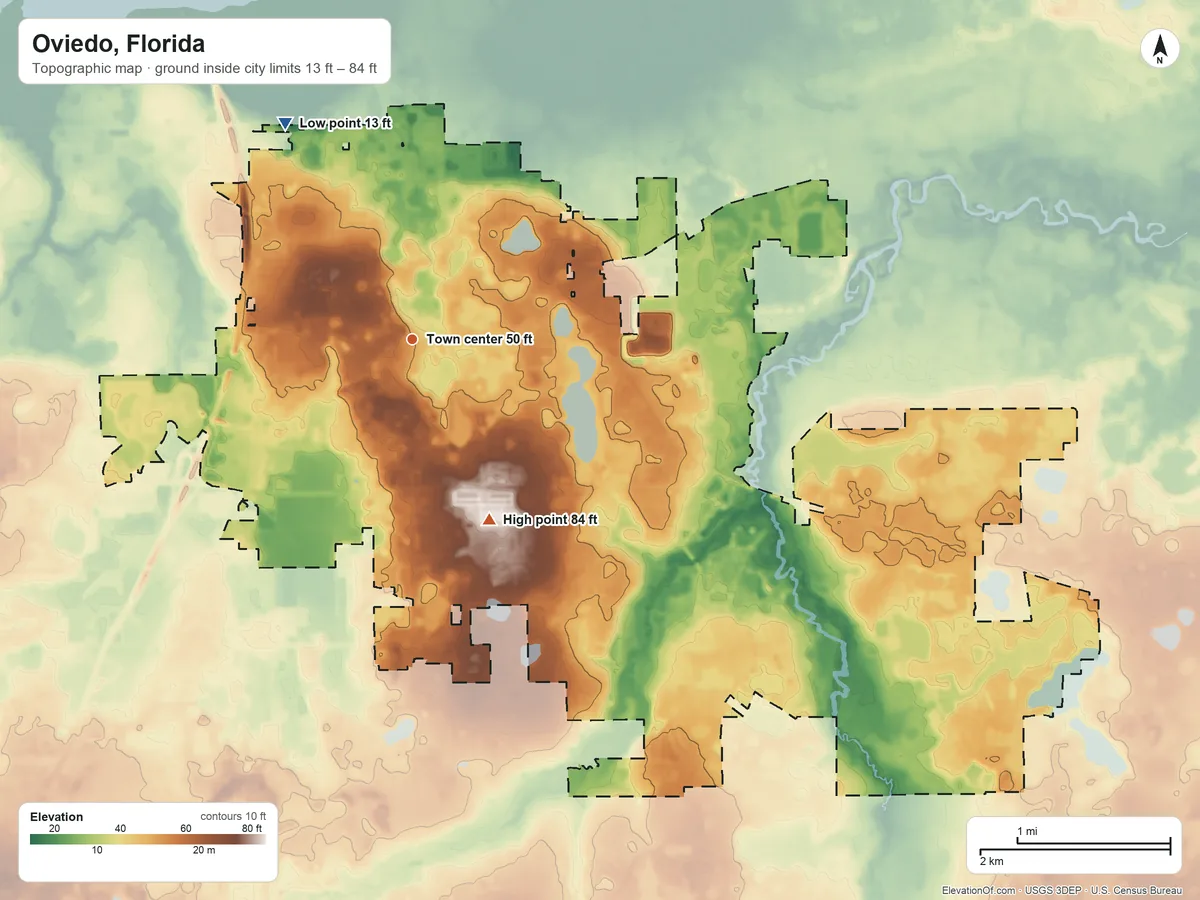 Topographic elevation map of Oviedo, Florida, shaded from 13 ft on the northwest side to 84 ft on the southeast side