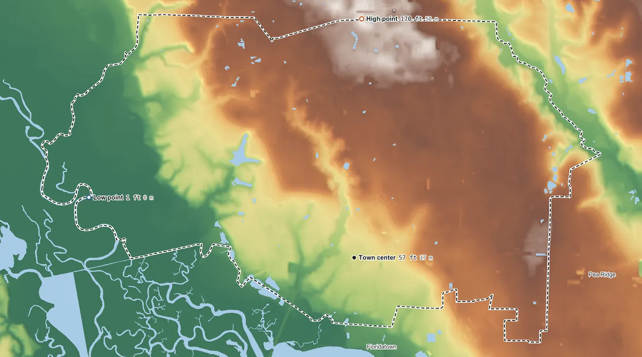 Topographic elevation map of Pace, Florida, shaded from 1 ft on the west side to 170 ft on the north side