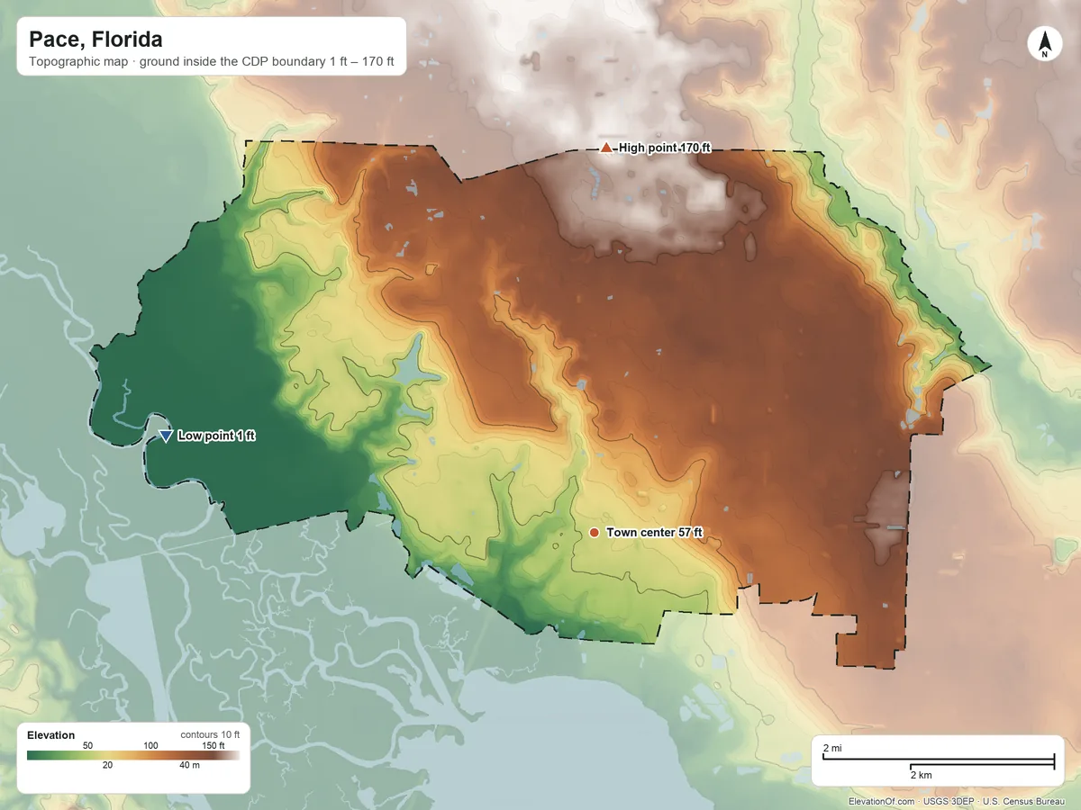 Topographic elevation map of Pace, Florida, shaded from 1 ft on the west side to 170 ft on the north side