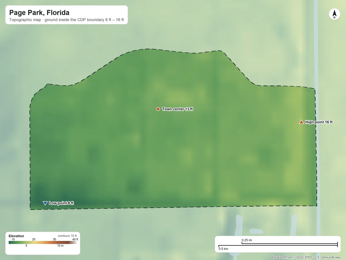 Topographic elevation map of Page Park, Florida, shaded from 8 ft on the southwest side to 16 ft on the east side