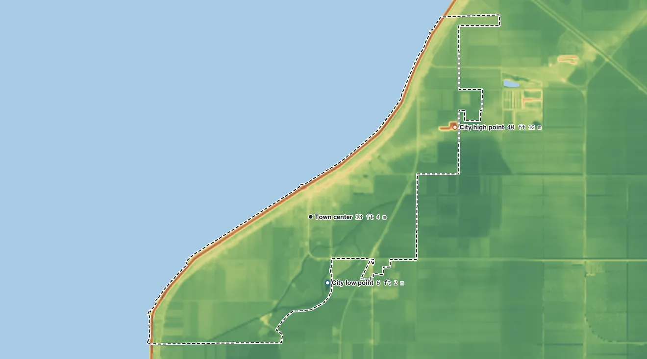 Topographic elevation map of Pahokee, Florida, shaded from 6 ft on the south side to 40 ft on the northeast side