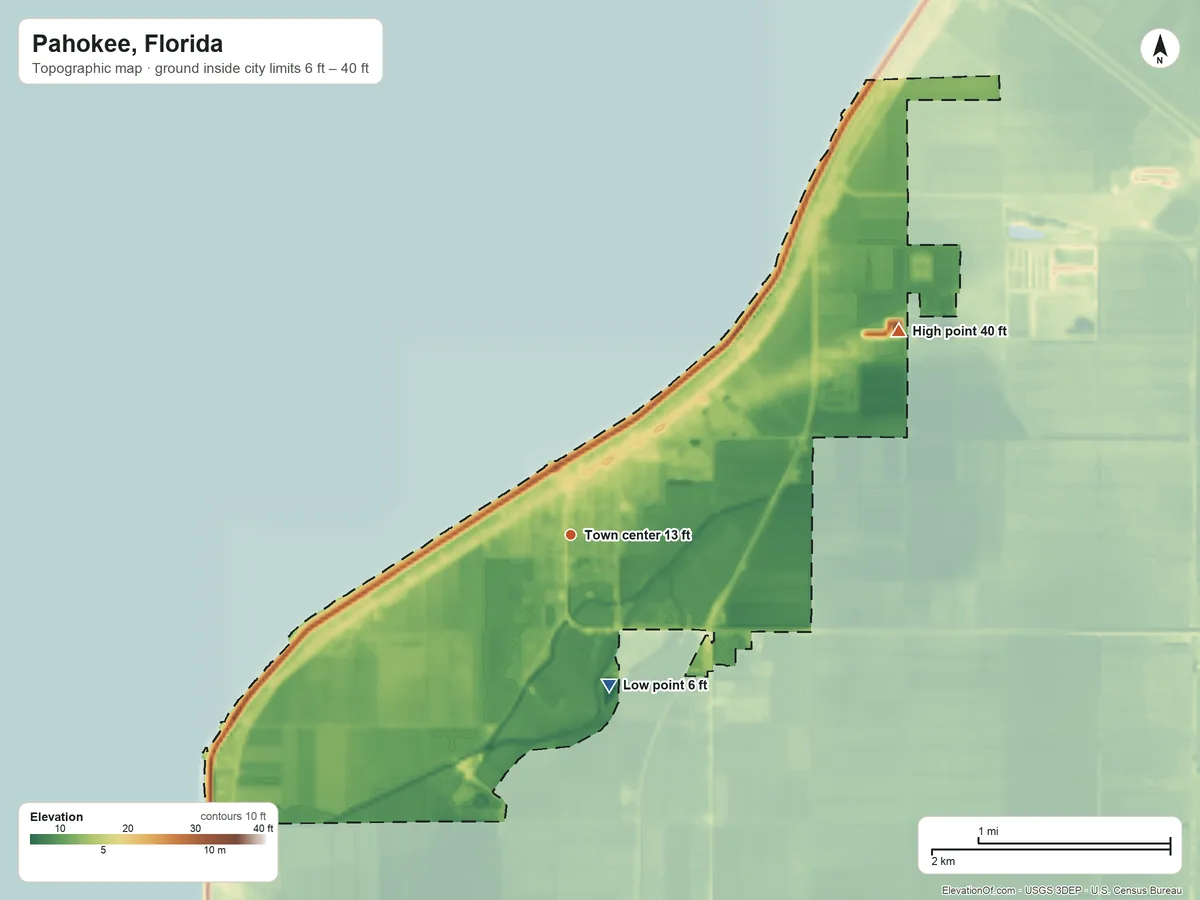Topographic elevation map of Pahokee, Florida, shaded from 6 ft on the south side to 40 ft on the northeast side