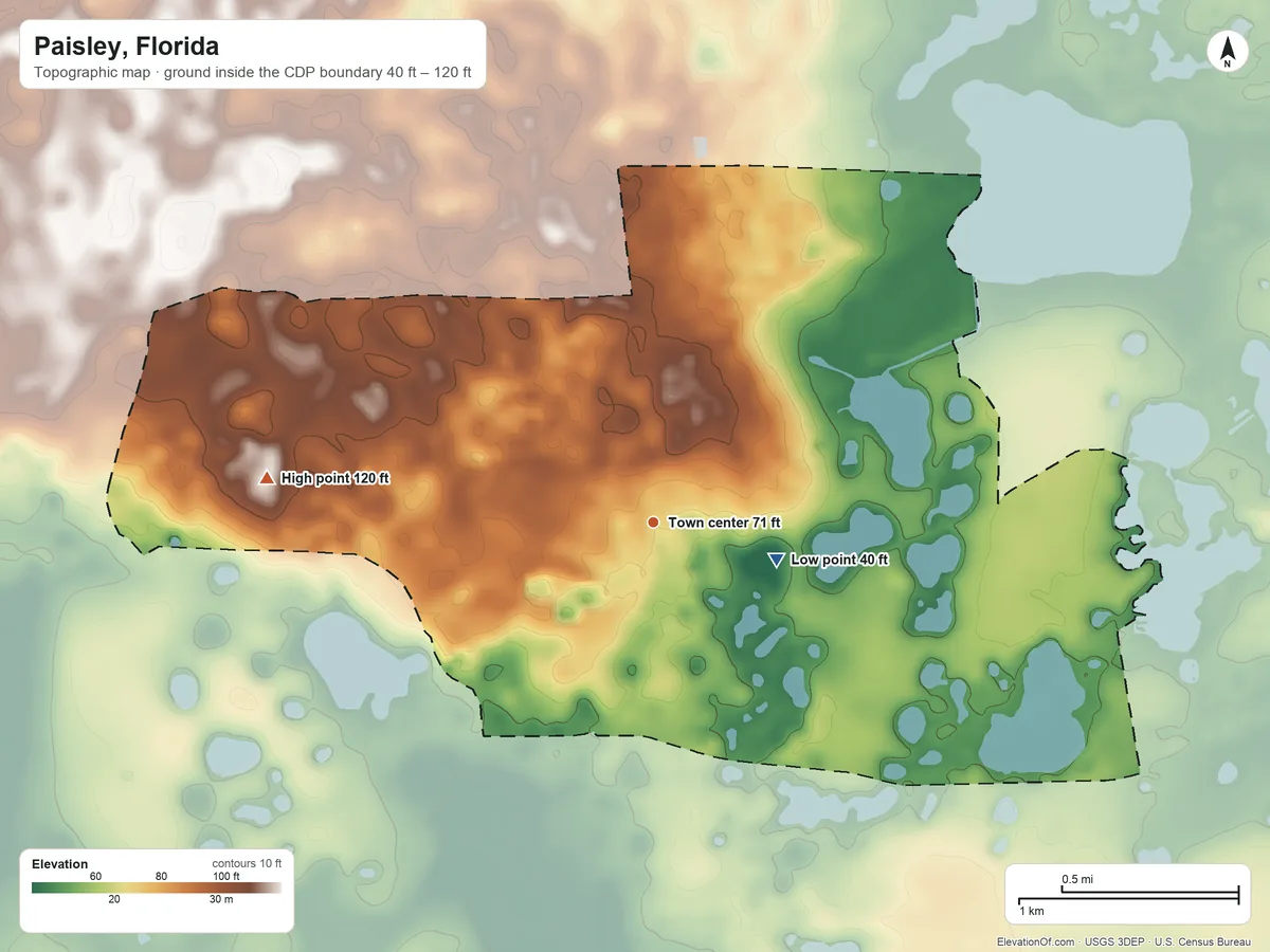 Topographic elevation map of Paisley, Florida, shaded from 40 ft on the east side to 120 ft on the west side