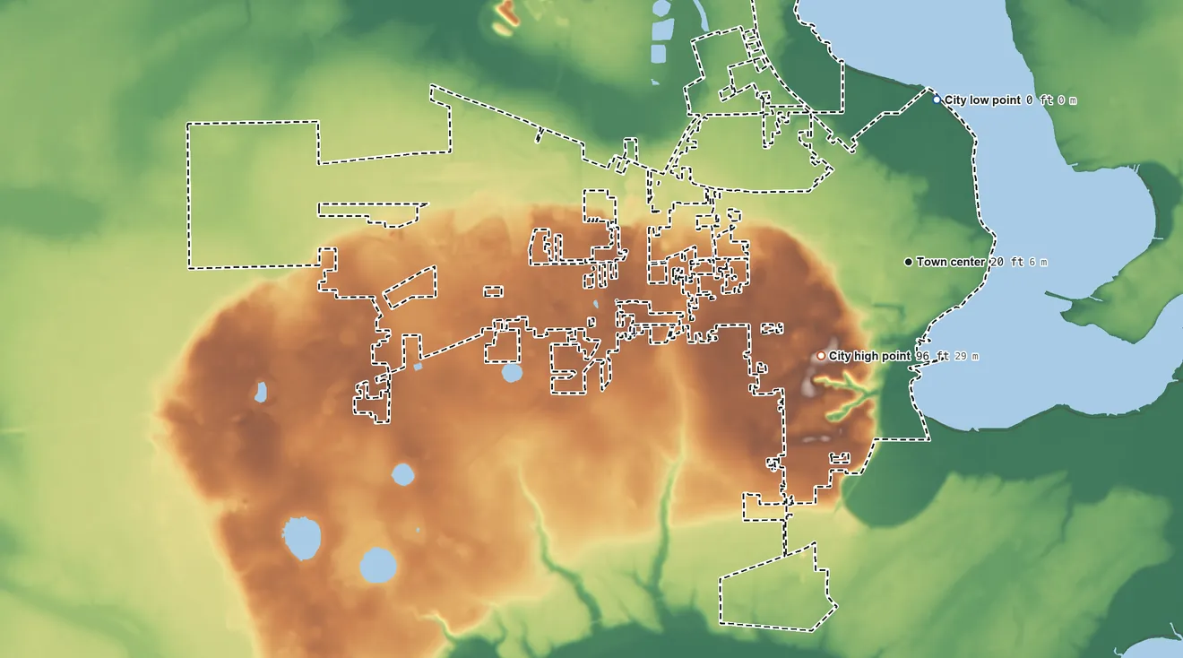 Topographic elevation map of Palatka, Florida, shaded from 0 ft on the north side to 96 ft on the southwest side