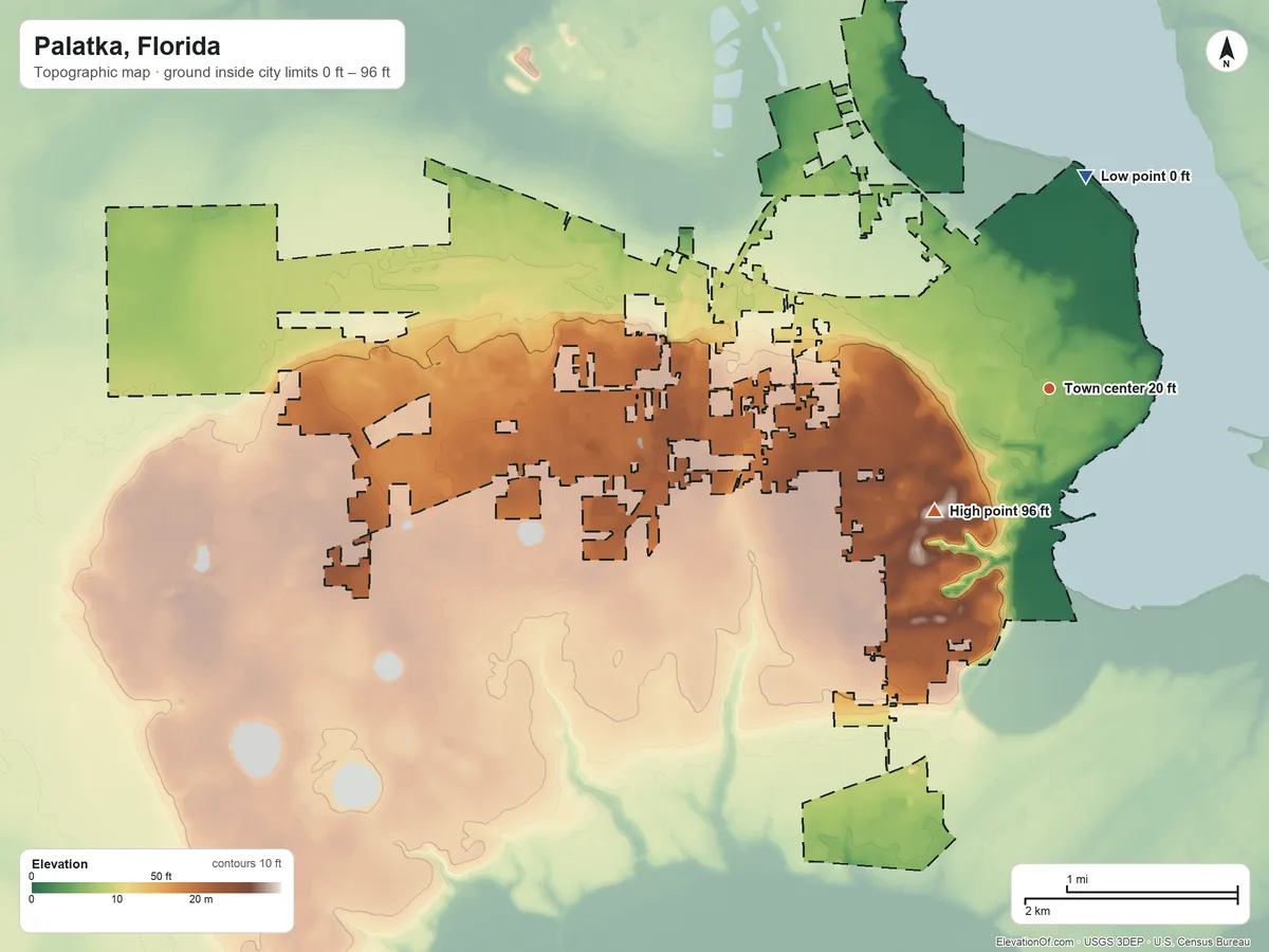 Topographic elevation map of Palatka, Florida, shaded from 0 ft on the north side to 96 ft on the southwest side