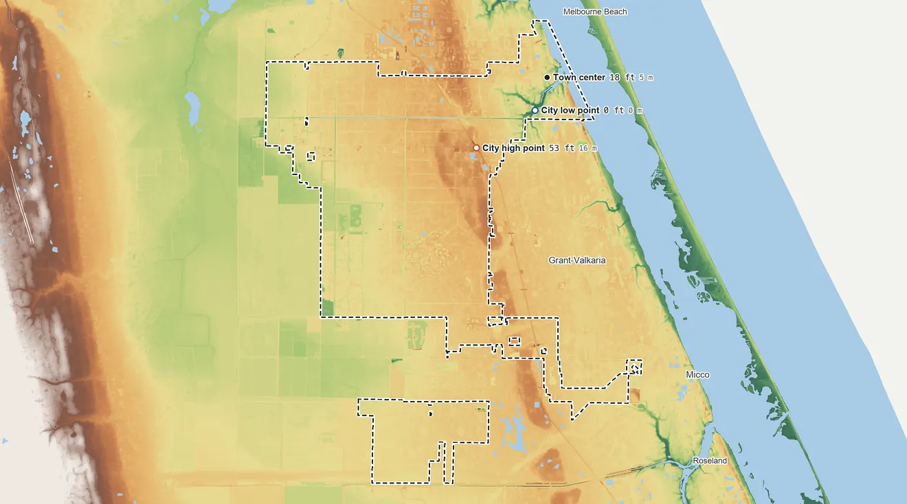 Topographic elevation map of Palm Bay, Florida, shaded from 0 ft near the middle to 53 ft on the southwest side