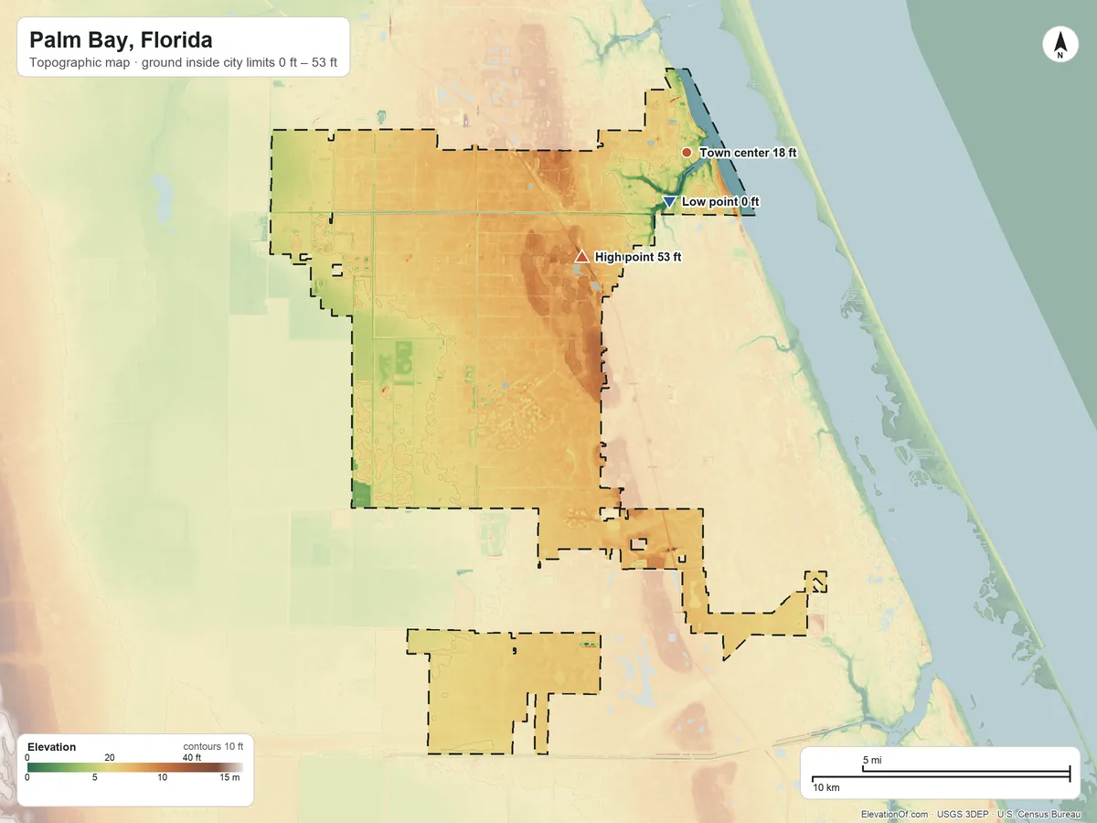 Topographic elevation map of Palm Bay, Florida, shaded from 0 ft near the middle to 53 ft on the southwest side