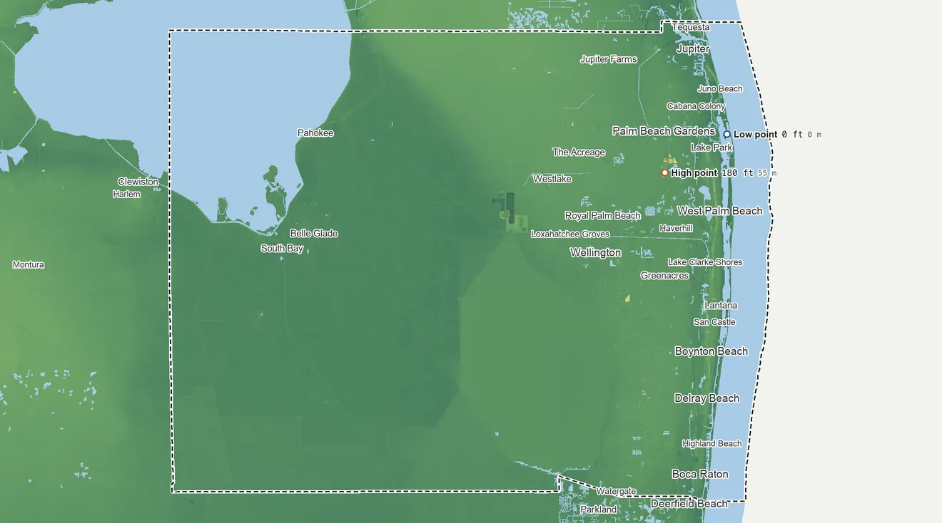 Topographic elevation map of Palm Beach County, Florida, shaded from sea level on the Atlantic Ocean to 180 ft on the northeast side