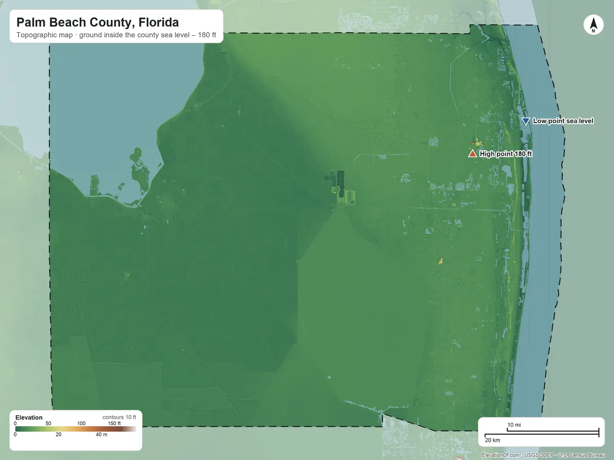 Topographic elevation map of Palm Beach County, Florida, shaded from sea level on the Atlantic Ocean to 180 ft on the northeast side