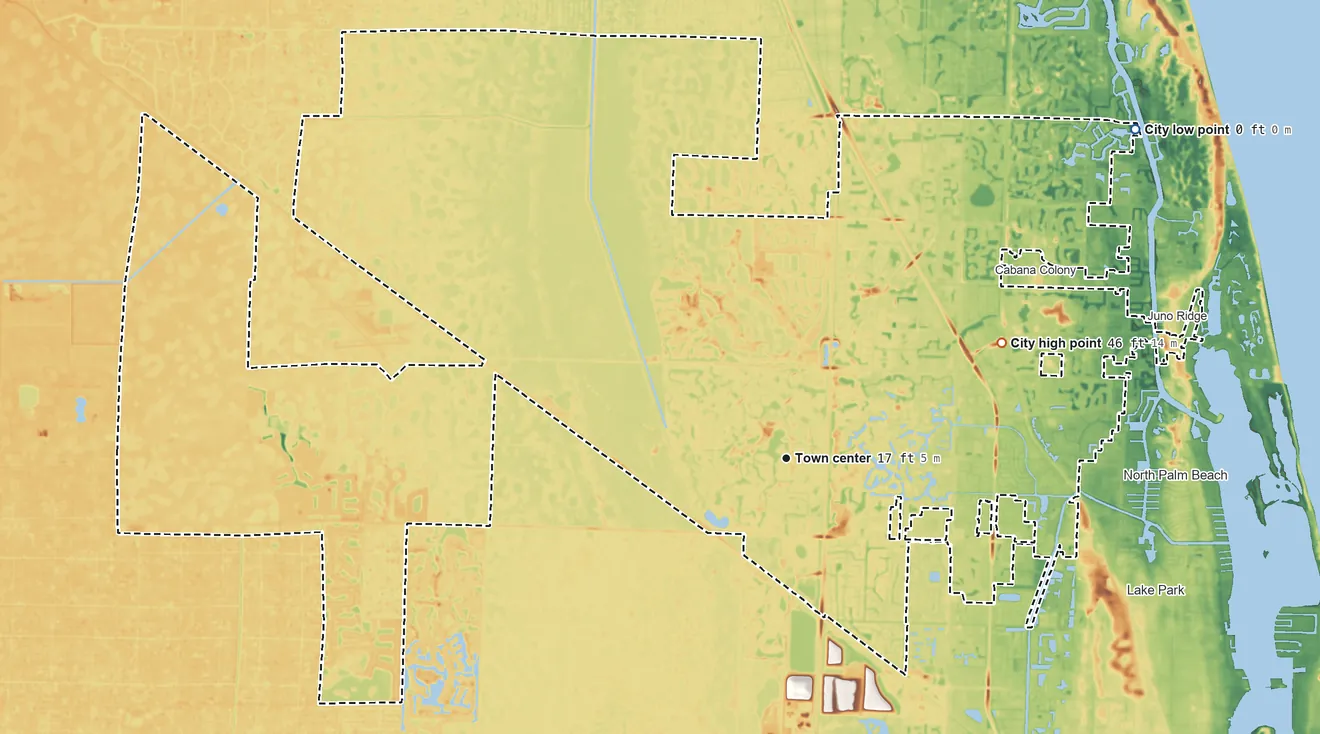 Topographic elevation map of Palm Beach Gardens, Florida, shaded from 0 ft on the northeast side to 46 ft on the northeast side