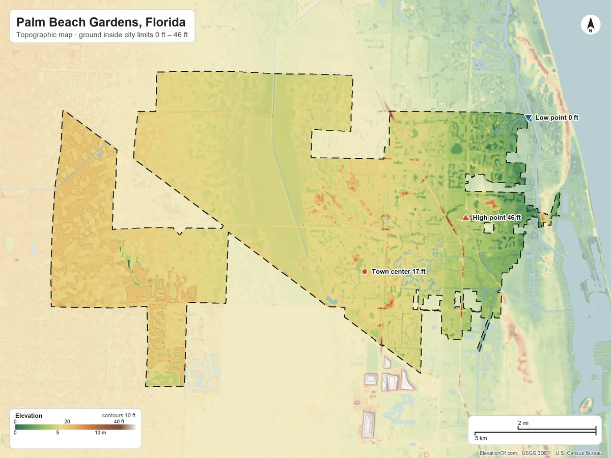 Topographic elevation map of Palm Beach Gardens, Florida, shaded from 0 ft on the northeast side to 46 ft on the northeast side