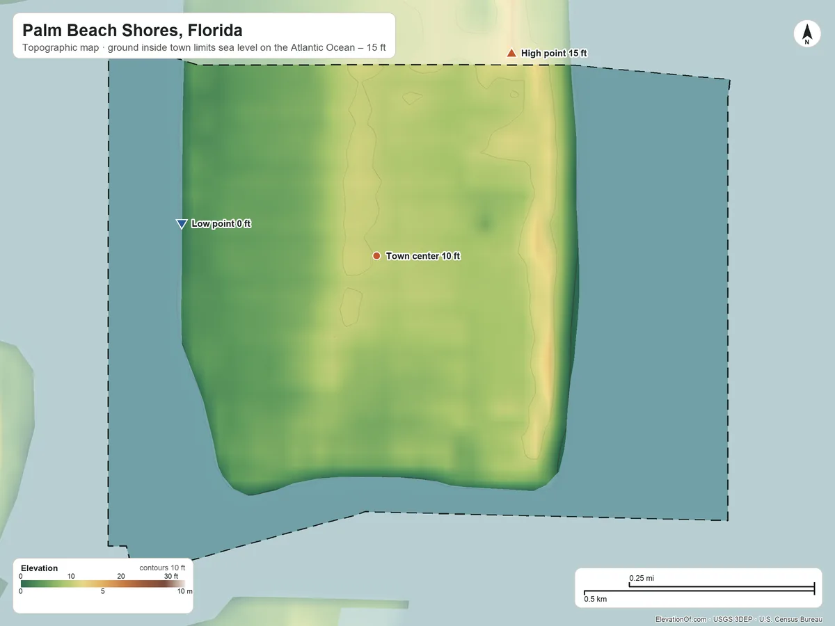 Topographic elevation map of Palm Beach Shores, Florida, shaded from sea level level on the Atlantic Ocean to 15 ft on the northeast side