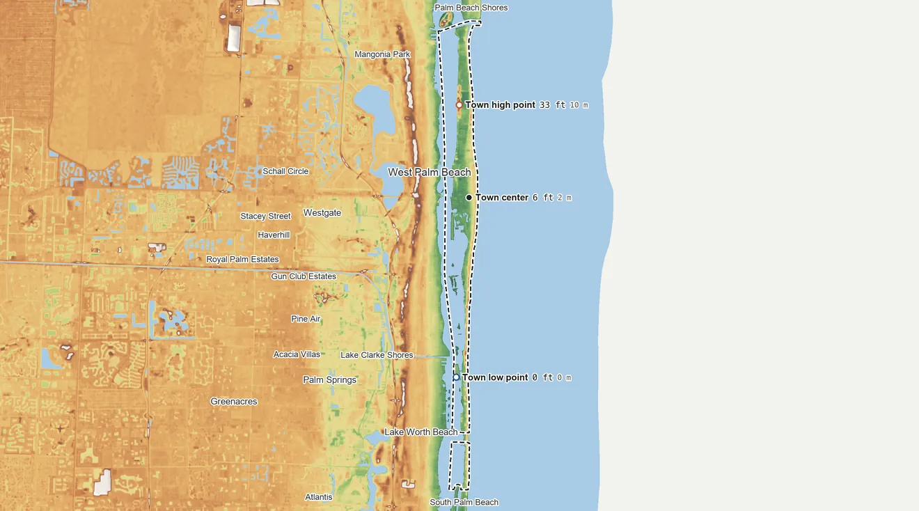 Topographic elevation map of Palm Beach, Florida, shaded from sea level level on the Atlantic Ocean to 33 ft on the north side