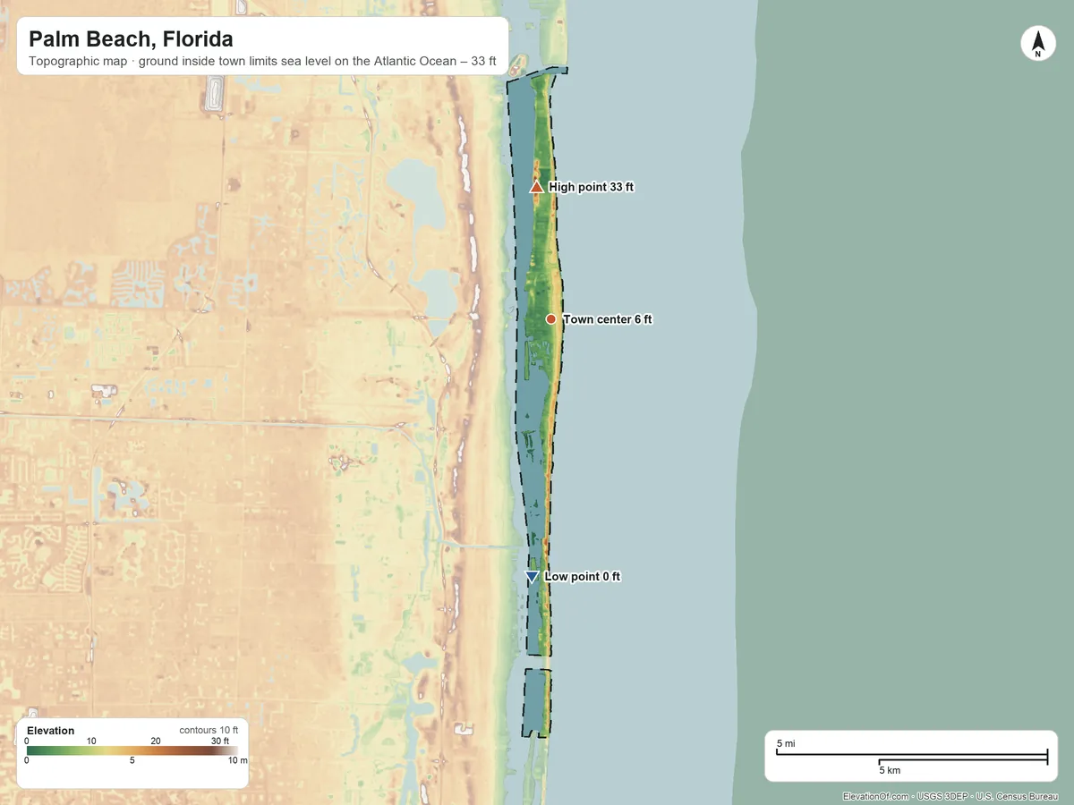 Topographic elevation map of Palm Beach, Florida, shaded from sea level level on the Atlantic Ocean to 33 ft on the north side