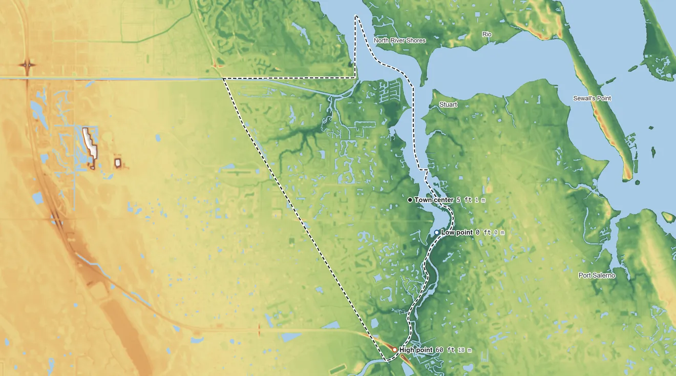 Topographic elevation map of Palm City, Florida, shaded from 0 ft on the southeast side to 60 ft on the south side