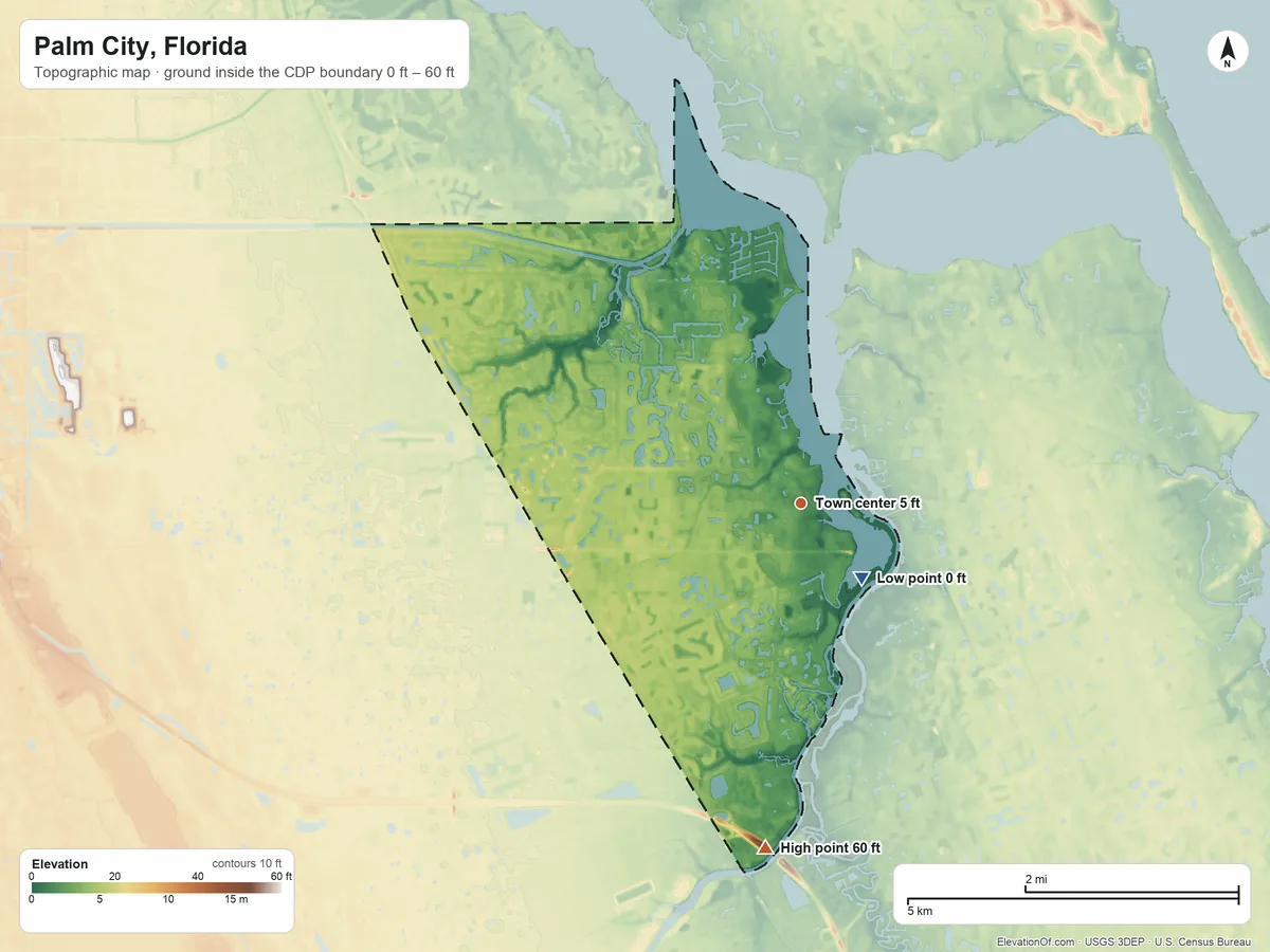 Topographic elevation map of Palm City, Florida, shaded from 0 ft on the southeast side to 60 ft on the south side
