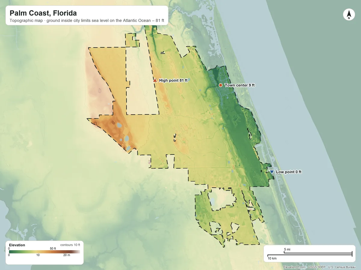 Topographic elevation map of Palm Coast, Florida, shaded from sea level level on the Atlantic Ocean to 81 ft on the west side