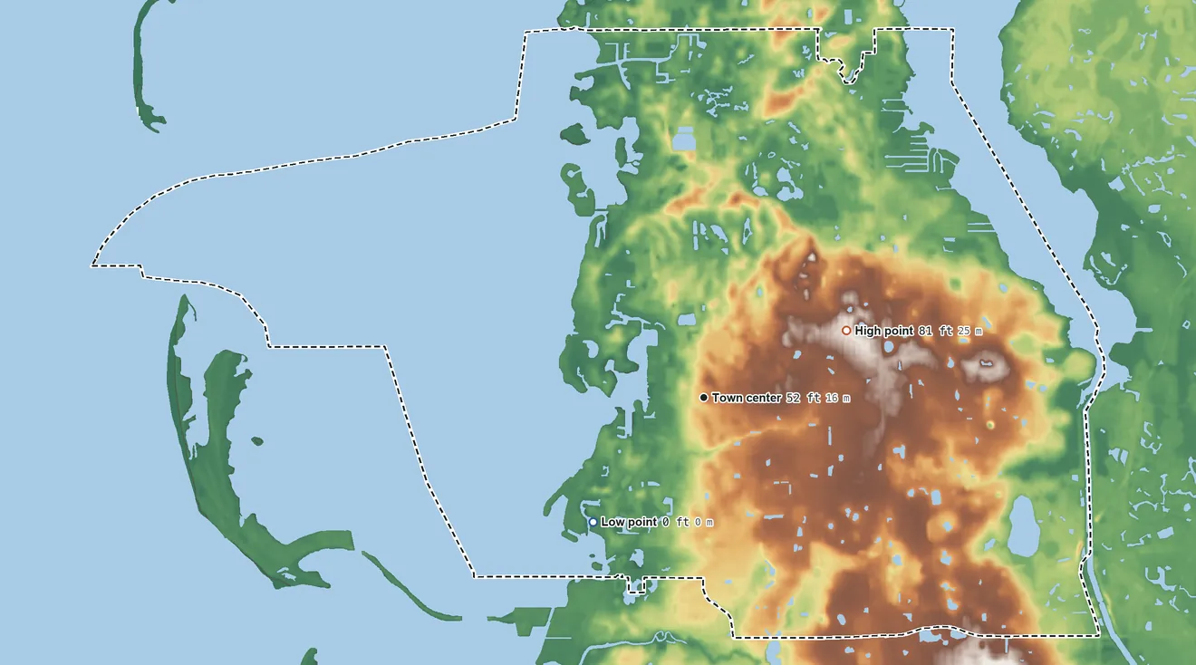 Topographic elevation map of Palm Harbor, Florida, shaded from sea level level on St. Joseph Sound to 81 ft on the northeast side