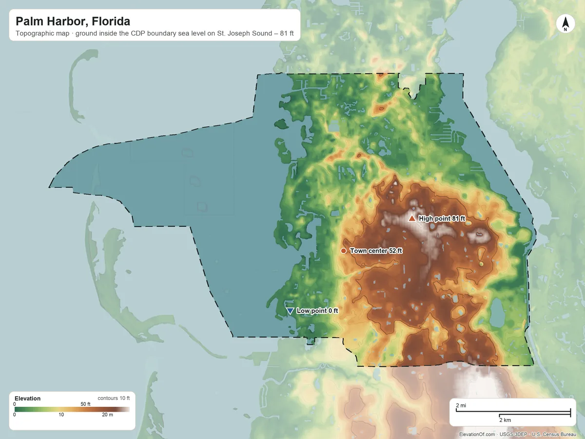 Topographic elevation map of Palm Harbor, Florida, shaded from sea level level on St. Joseph Sound to 81 ft on the northeast side