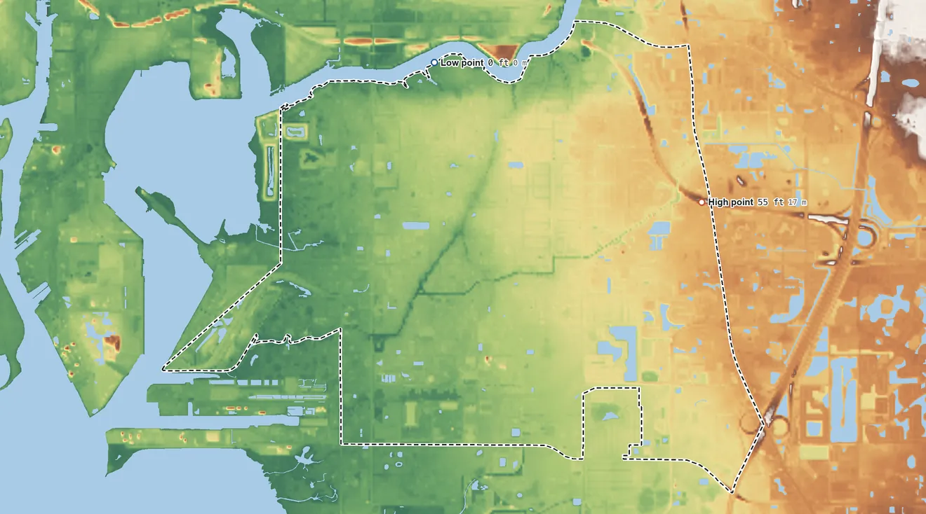 Topographic elevation map of Palm River-Clair Mel, Florida, shaded from sea level level on Hillsborough Bay to 55 ft on the east side