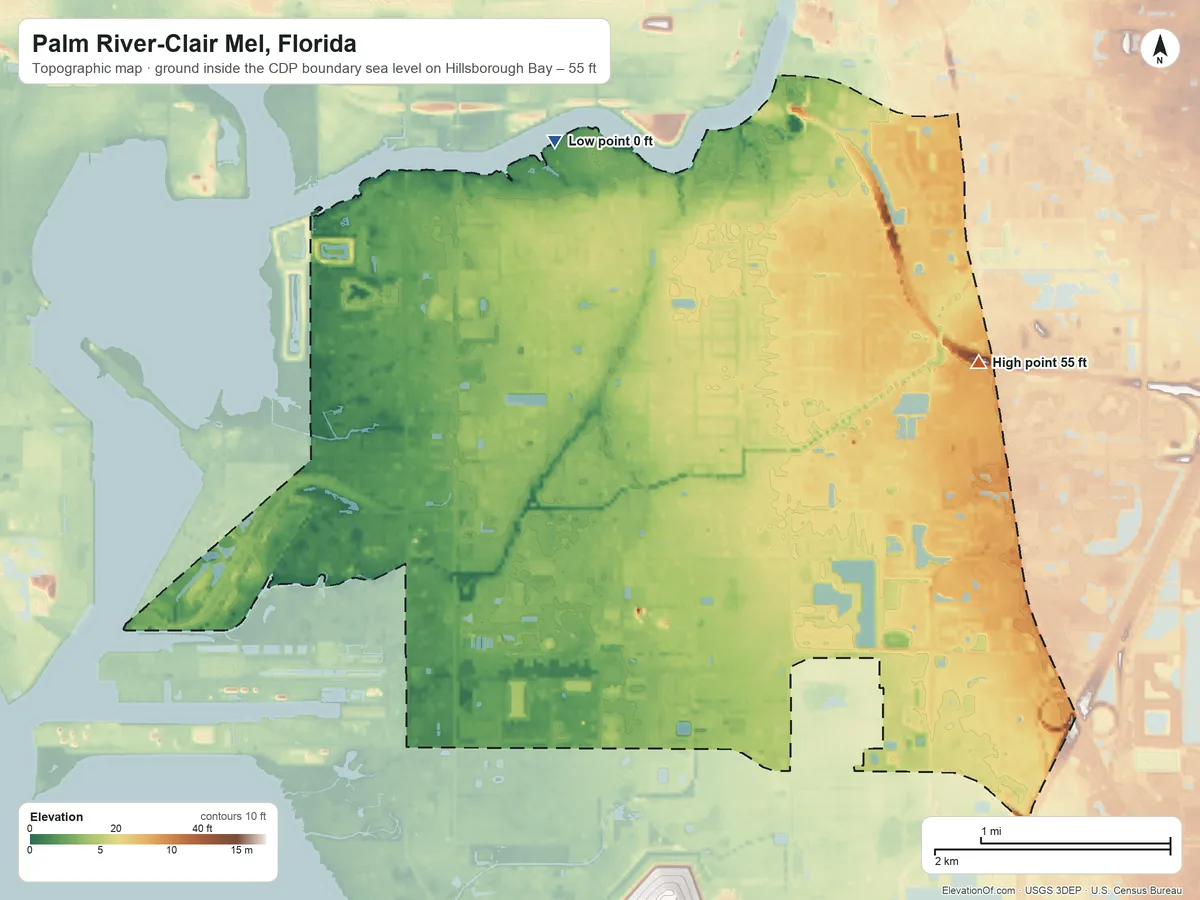 Topographic elevation map of Palm River-Clair Mel, Florida, shaded from sea level level on Hillsborough Bay to 55 ft on the east side