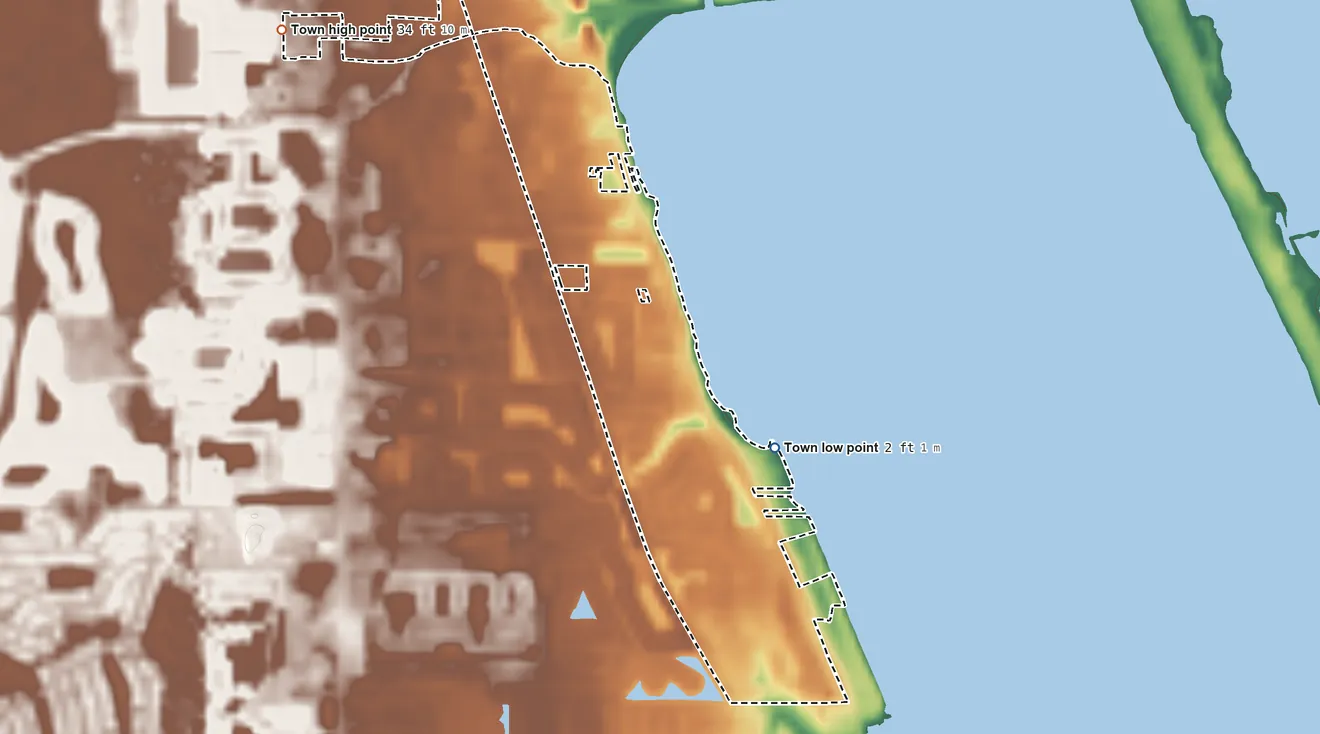 Topographic elevation map of Palm Shores, Florida, shaded from 2 ft on the east side to 34 ft on the northwest side