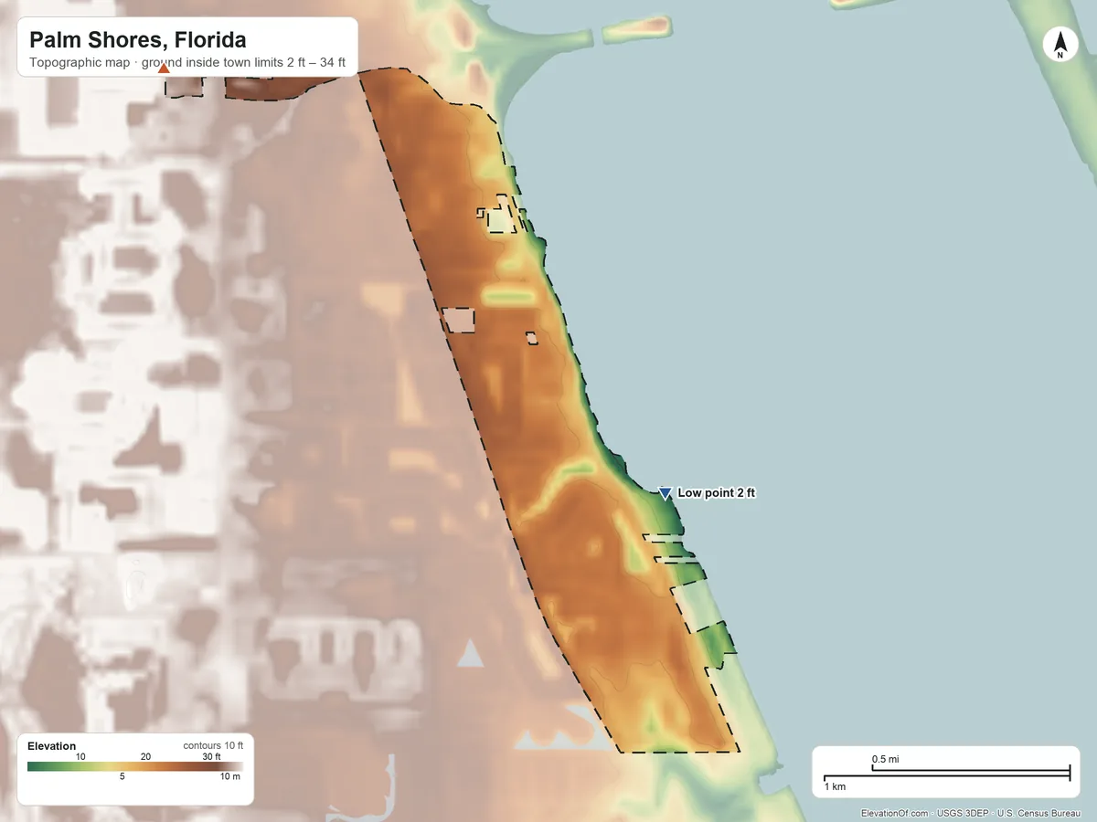 Topographic elevation map of Palm Shores, Florida, shaded from 2 ft on the east side to 34 ft on the northwest side