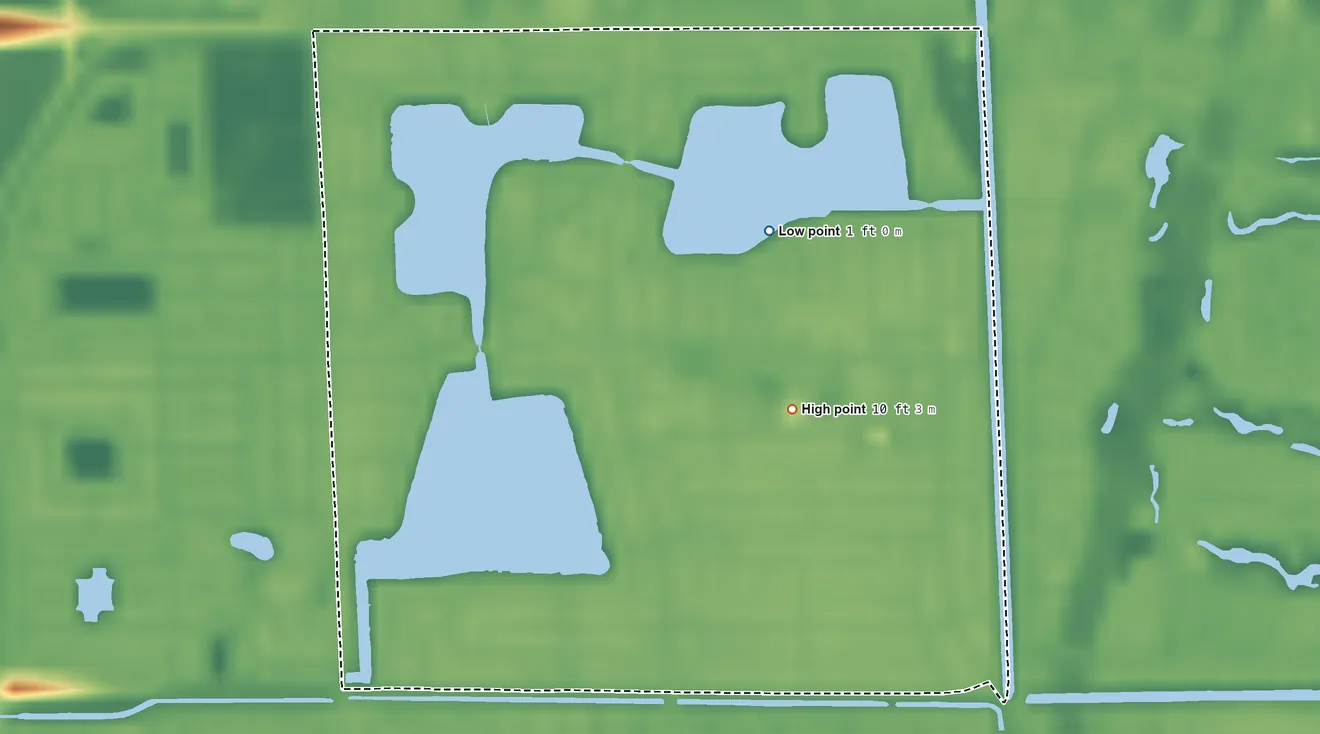Topographic elevation map of Palm Springs North, Florida, shaded from 1 ft on the northeast side to 10 ft on the east side