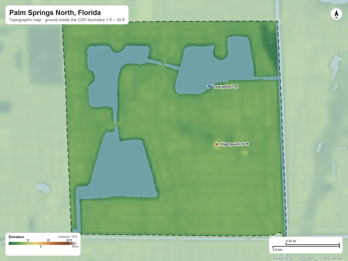 Topographic elevation map of Palm Springs North, Florida, shaded from 1 ft on the northeast side to 10 ft on the east side
