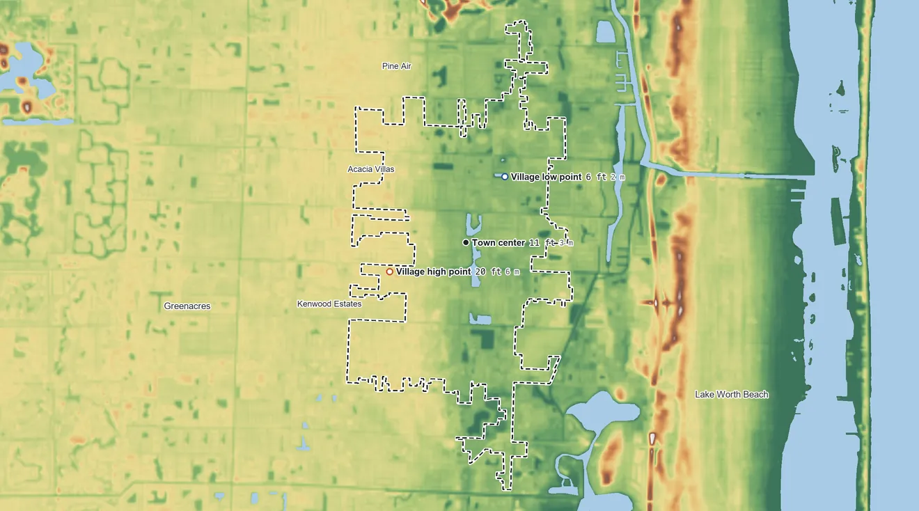 Topographic elevation map of Palm Springs, Florida, shaded from 6 ft on the northeast side to 20 ft on the west side